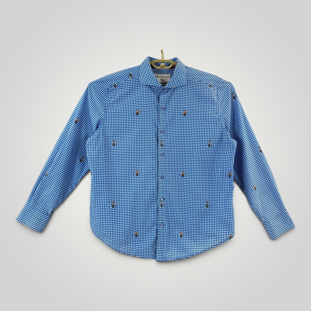 Robert Graham Pit Stop Shirt Mens XL Gingham Pin Up Girl Racing Shirt Blue White